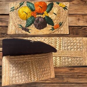 Vintage 1960/1970 Handwoven Straw Clutch with Floral Embroidery
